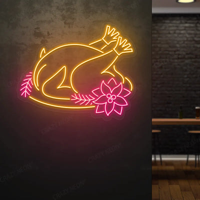 Festive turkey neon sign in orange and pink