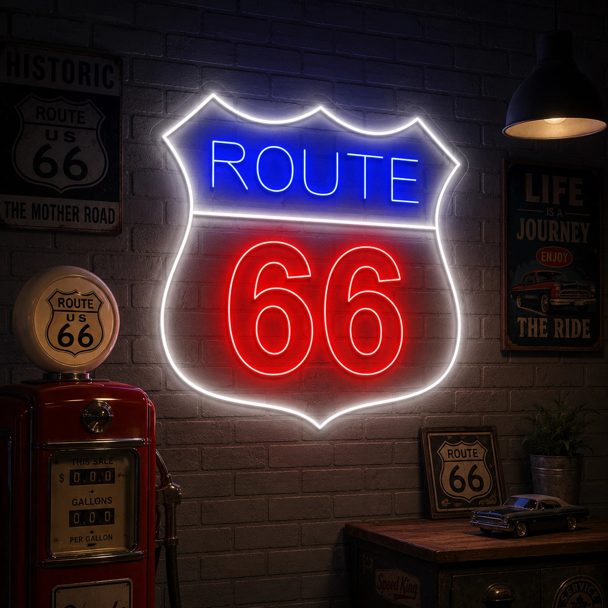 Route 66 Vintage Neon Sign on vintage inspired wall