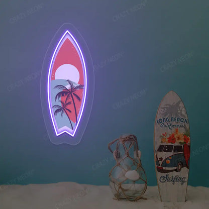 purple tropical surfboard neon artwork mounted on a wall