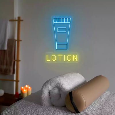 Lotion Tube neon sign in ice blue and yellow colors glowing in a spa room