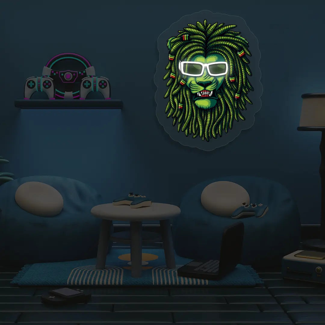 Lion Green Dreadlocks Neon Artwork in White color