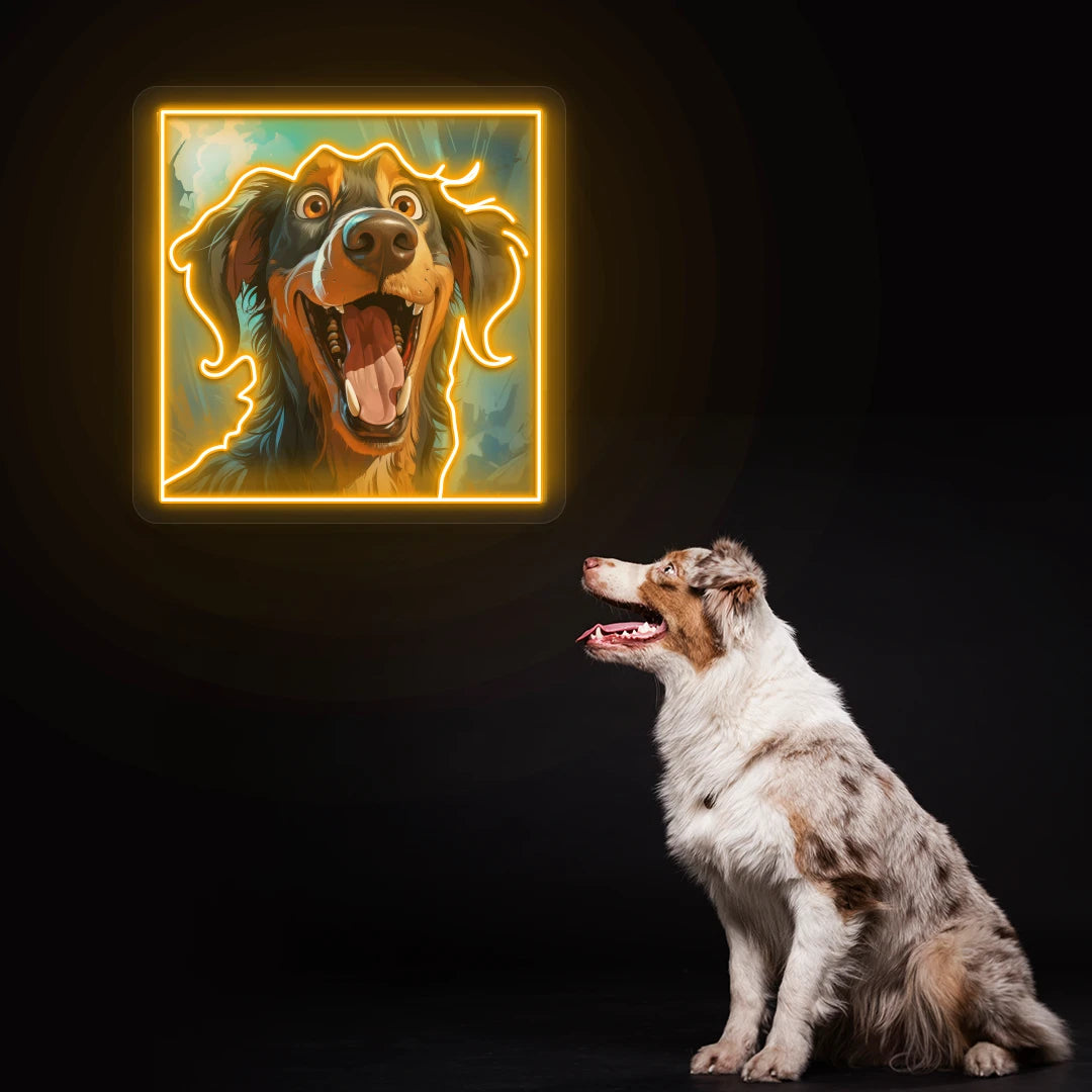Happy Australian Shepherd Portrait Neon Artwork In Orange Color