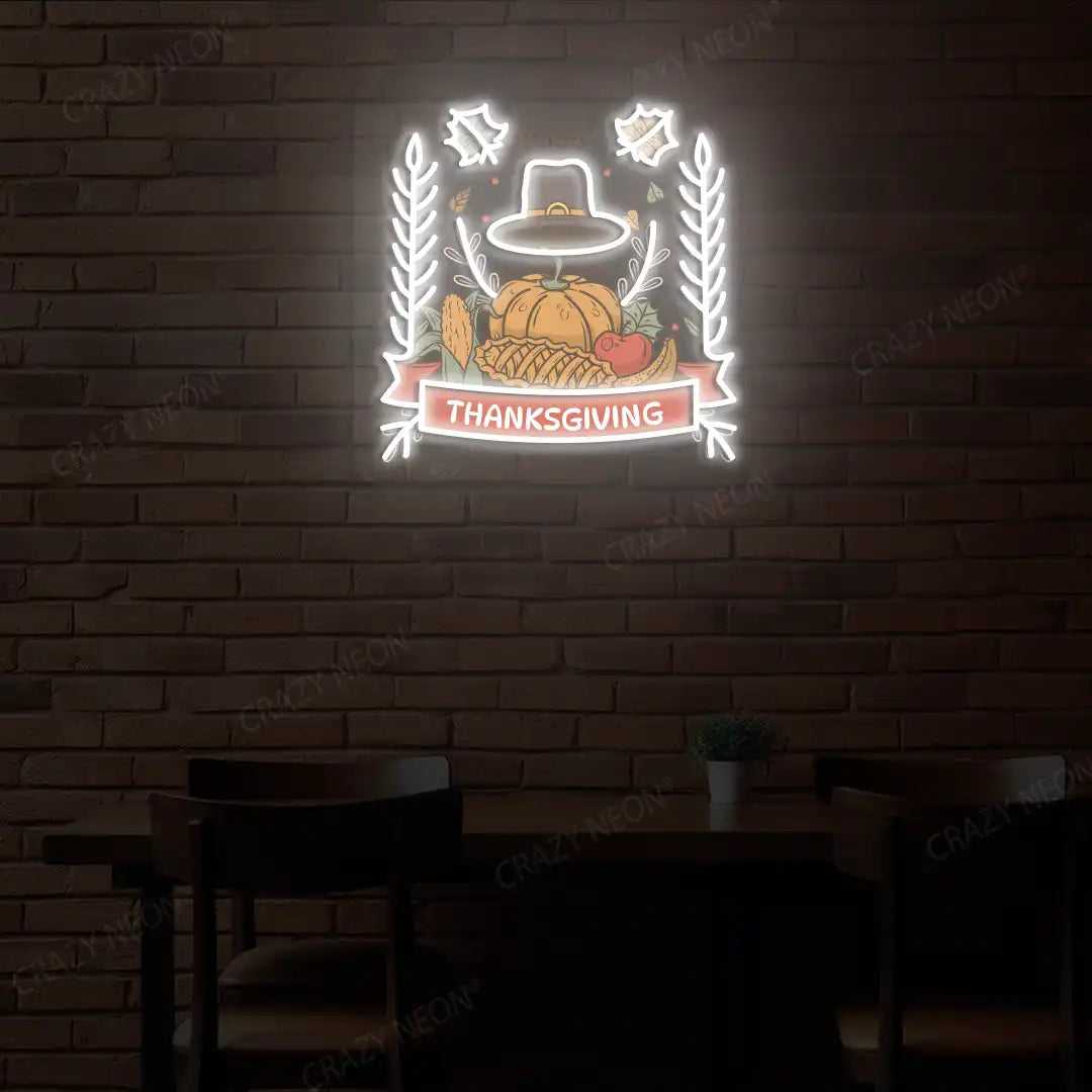Thanksgiving feast neon sign in white