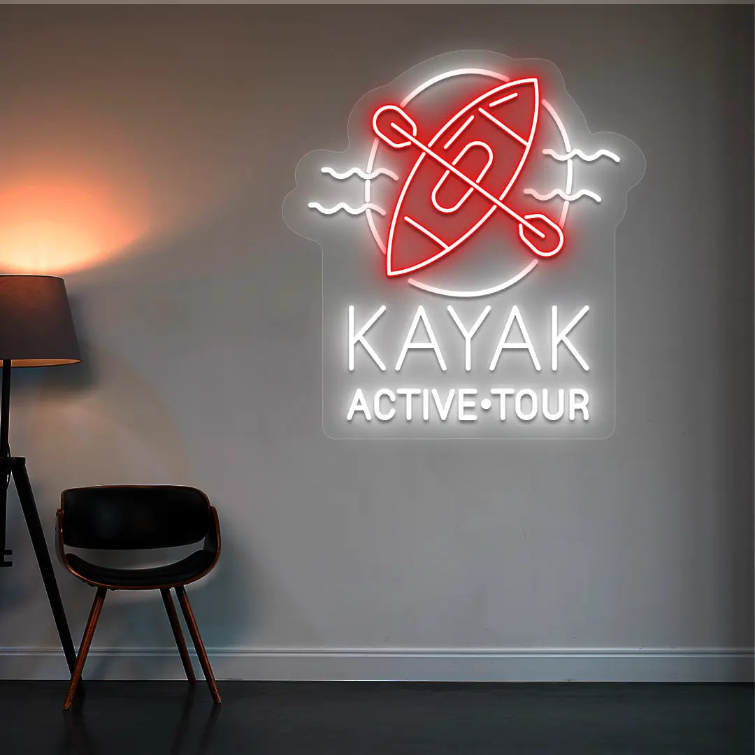 red and white kayak active tour neon sign mounted on a wall