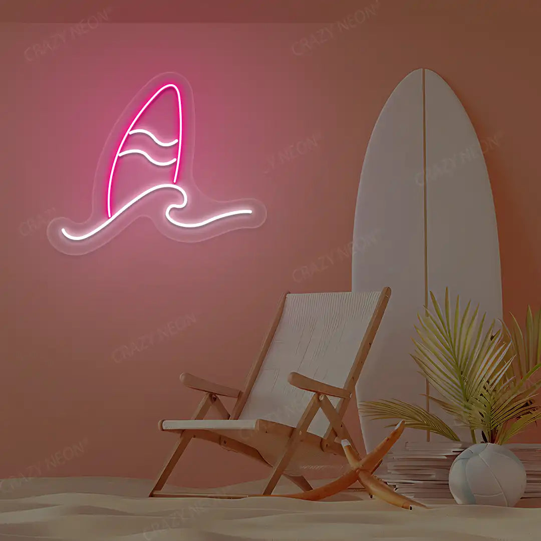 white and pink minimal surfboard and wave neon sign mounted on a wall