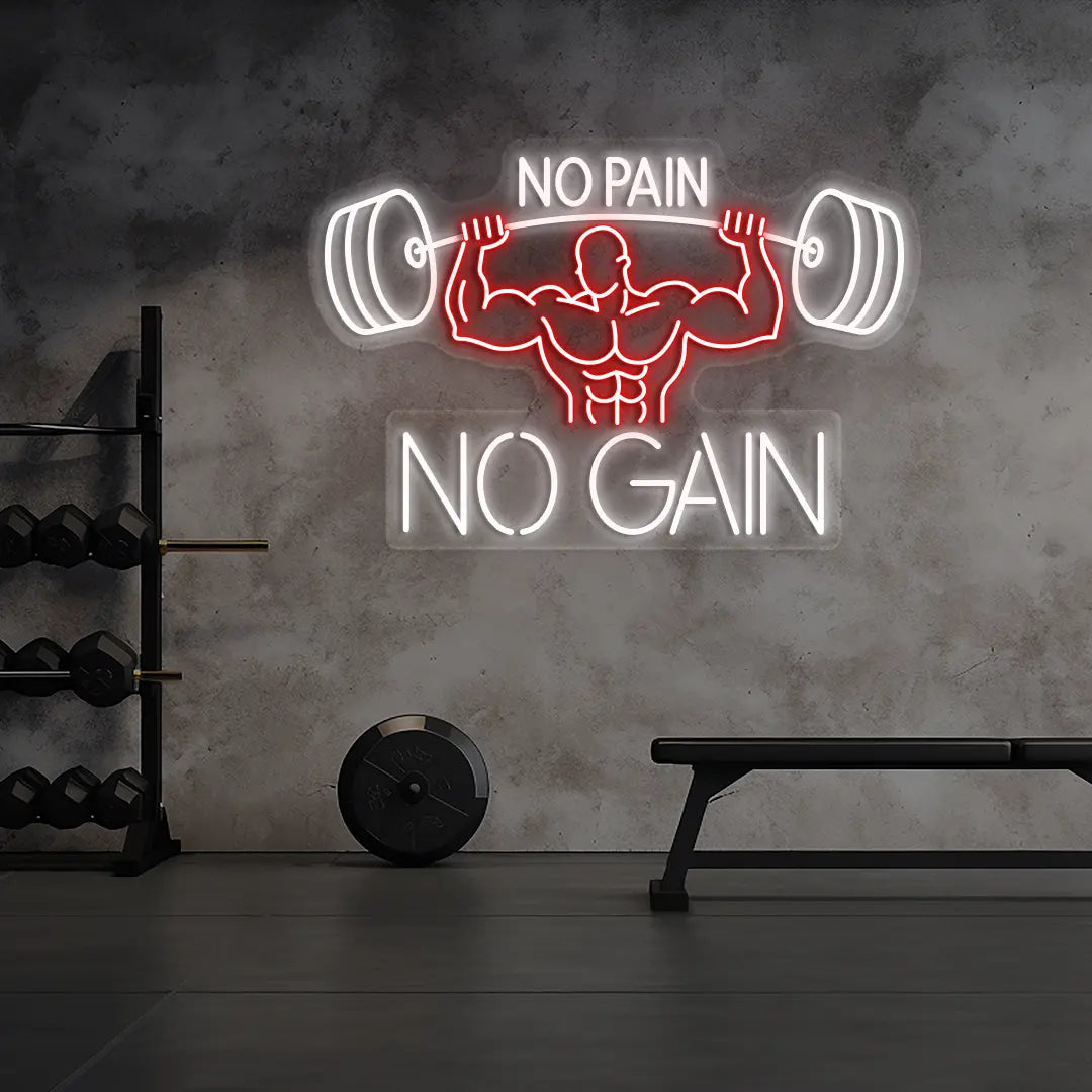 red and white no pain no gain bodybuilder neon sign mounted on a wall