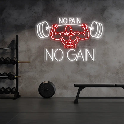 red and white no pain no gain bodybuilder neon sign mounted on a wall