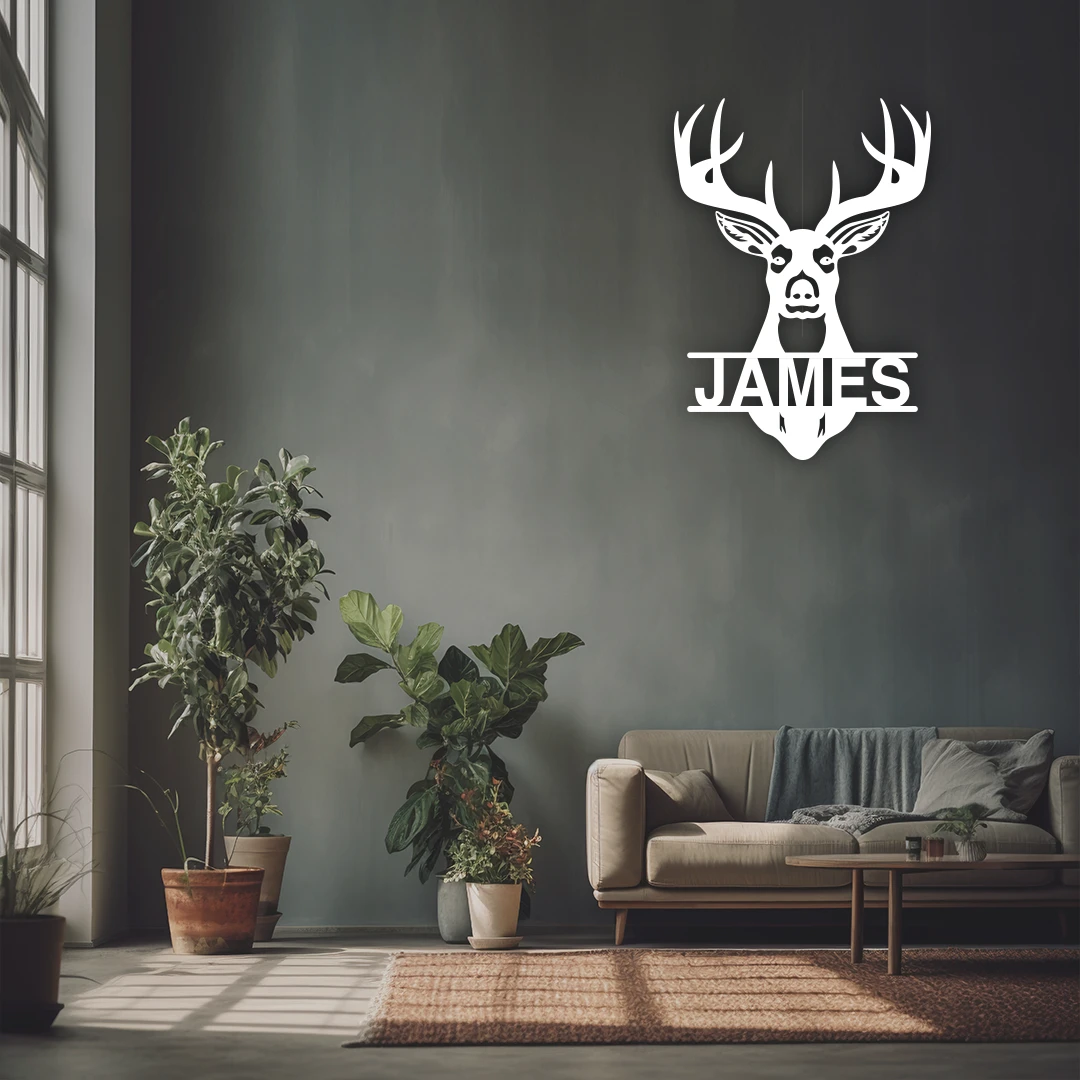 Deer Head Name Personalized Metal Monogram in White color