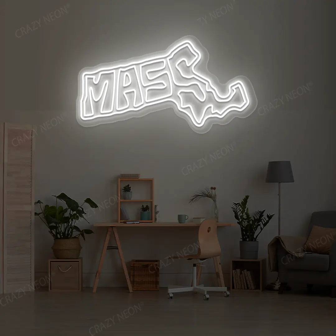 MASSACHUSETTS Map Neon Sign lighting up in white color in a room