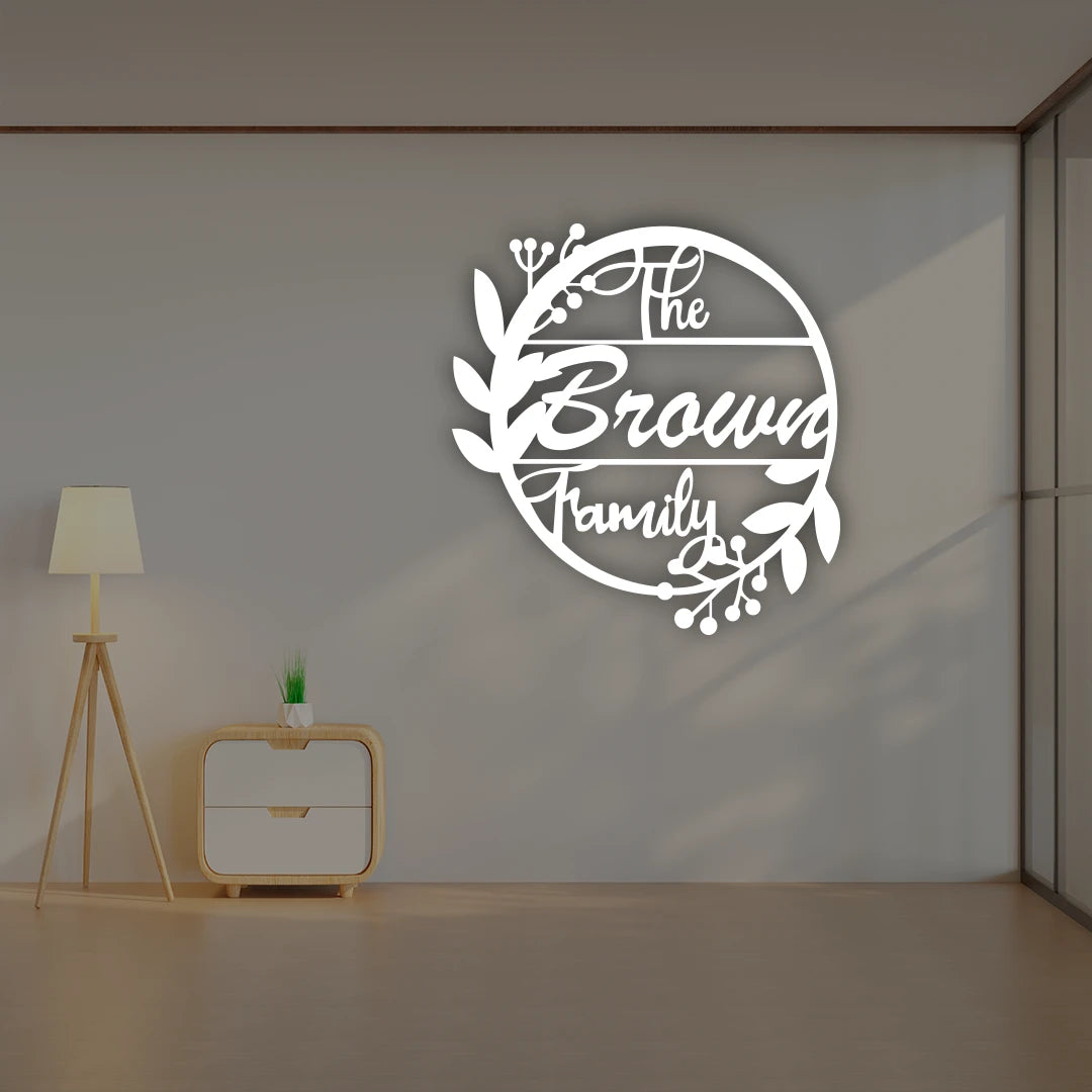 Leaf Wreath Family Name Custom Metal Monogram in White color