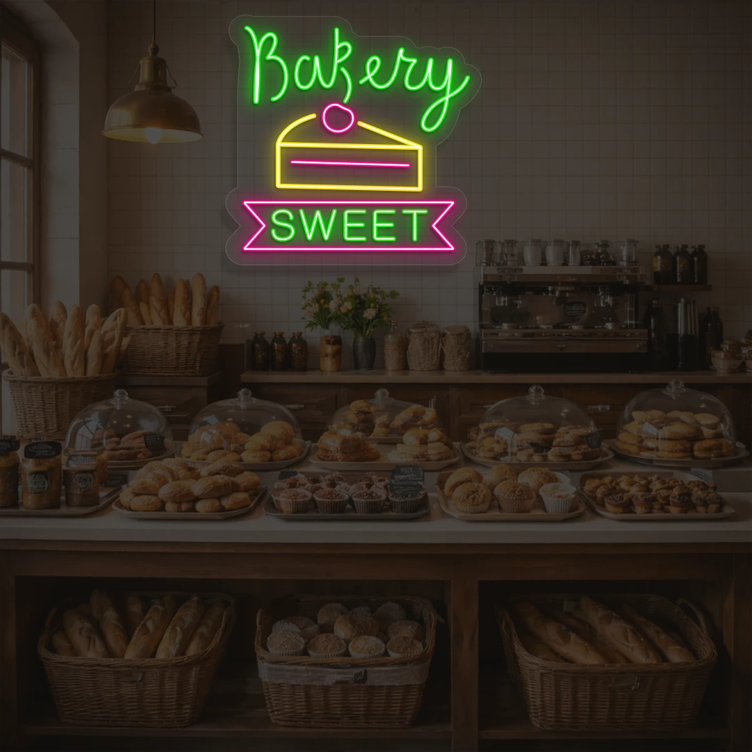 green yellow and pink bakery sweet neon sign mounted on a wall