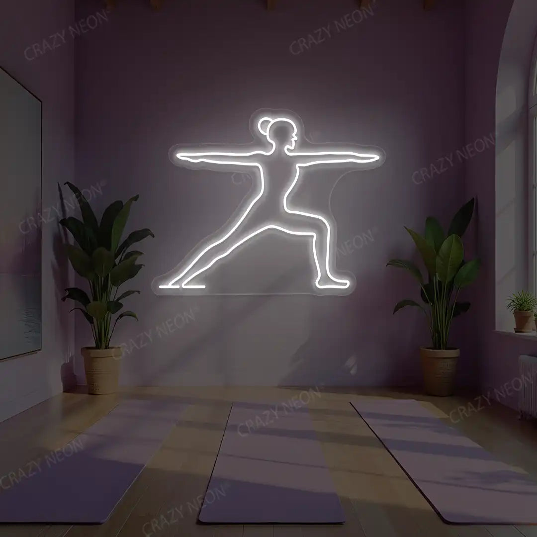 Virabhadrasana II Yoga Neon Sign lighting up in white color in a yoga room