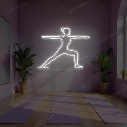Virabhadrasana II Yoga Neon Sign lighting up in white color in a yoga room