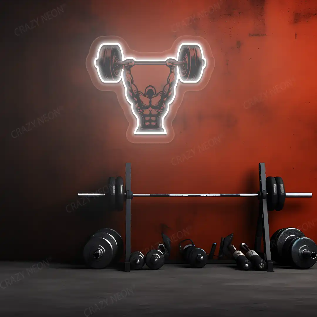 white barbell overhead press gym neon artwork mounted on a wall 
