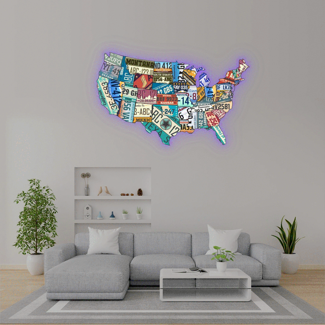 USA license plate map backlit metal wall art vinyl print with RGB color changing LED backlight