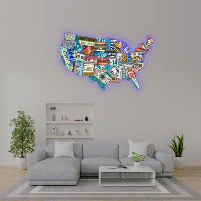 USA license plate map backlit metal wall art vinyl print with RGB color changing LED backlight