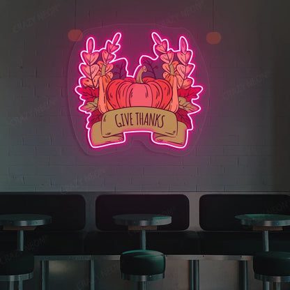Pumpkin harvest give thanks neon sign in pink