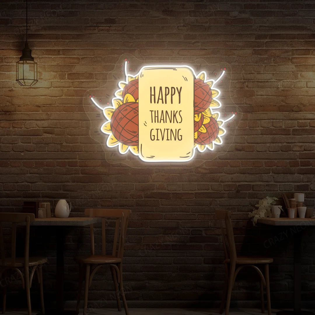 Happy thanksgiving sunflower neon sign in warm white
