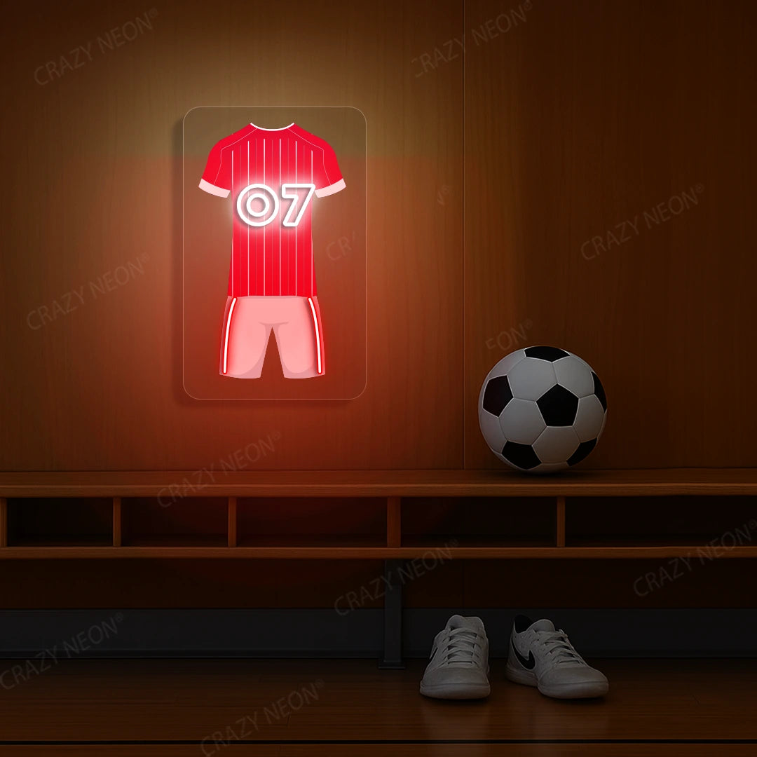 Red pinstriped football jersey neon artwork with number 07 glowing on a wooden wall