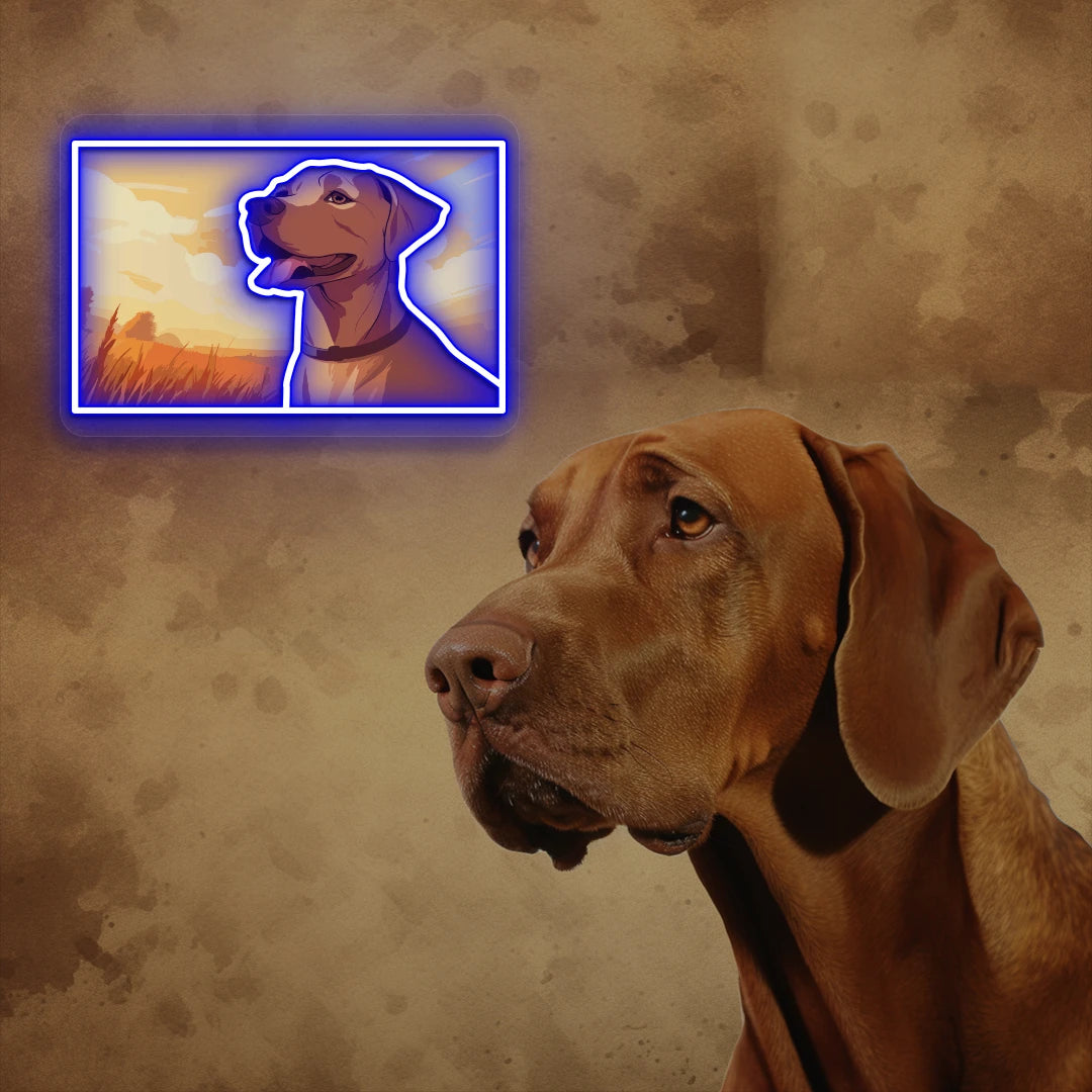 Sunset Field Vizsla Dog Neon Artwork in Blue color