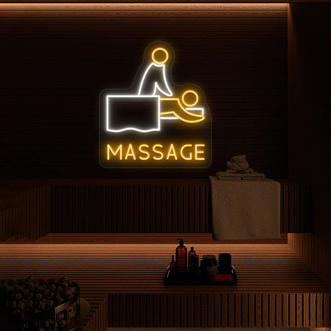 Tranquil Touch Massage neon sign glowing in white and orange colors mounted on a wooden spa wall