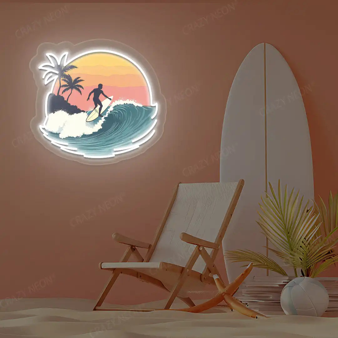 white surfer wave palm tree neon artwork mounted on a wall