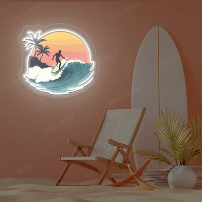 white surfer wave palm tree neon artwork mounted on a wall
