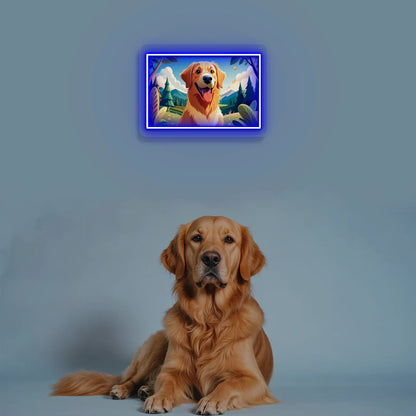 Mountain Trail Golden Retriever Portrait Neon Artwork in Blue color