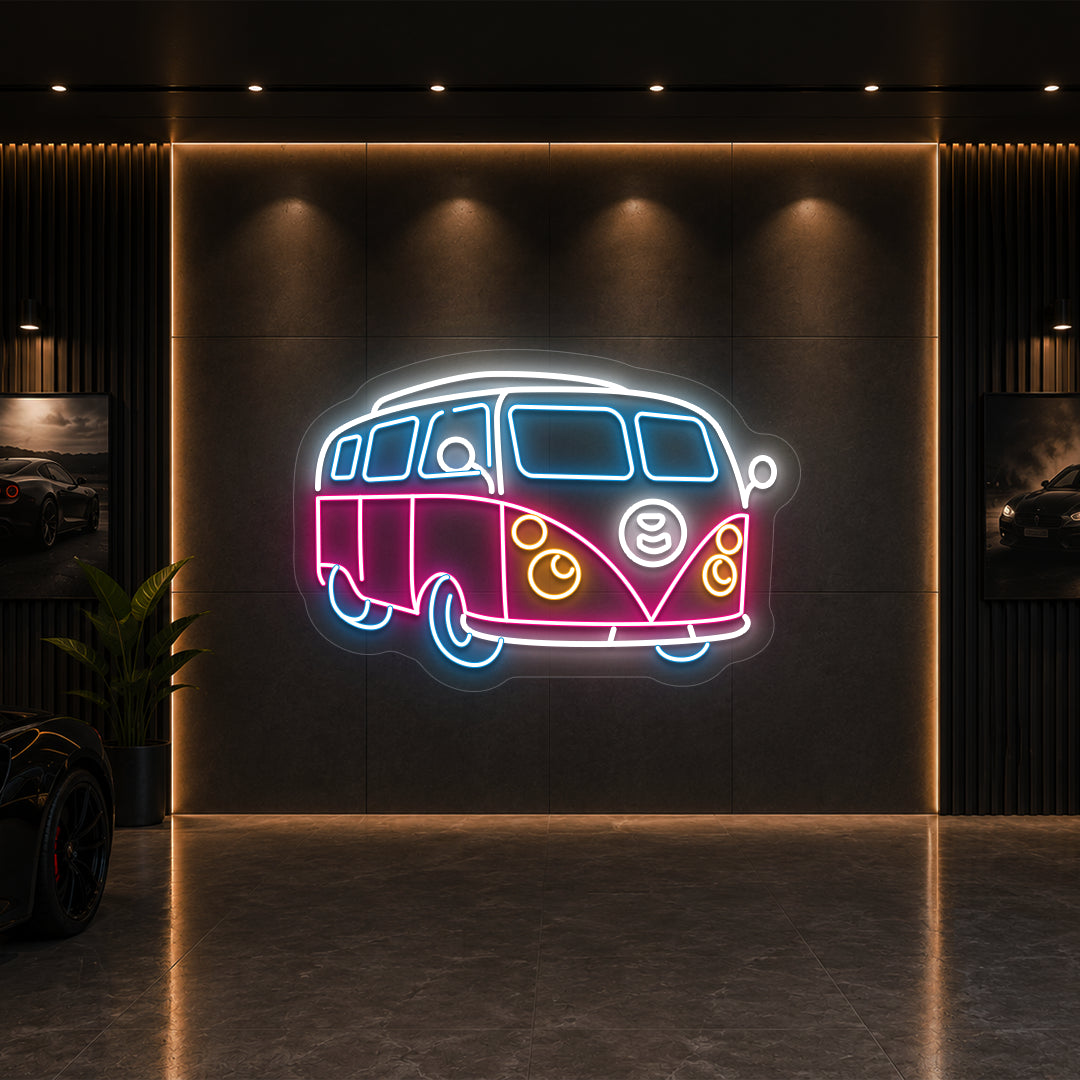 ice blue pink and white camper van vintage neon sign mounted on a wall