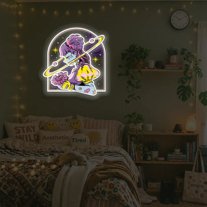 Galactic Girl Neon Artwork in White color