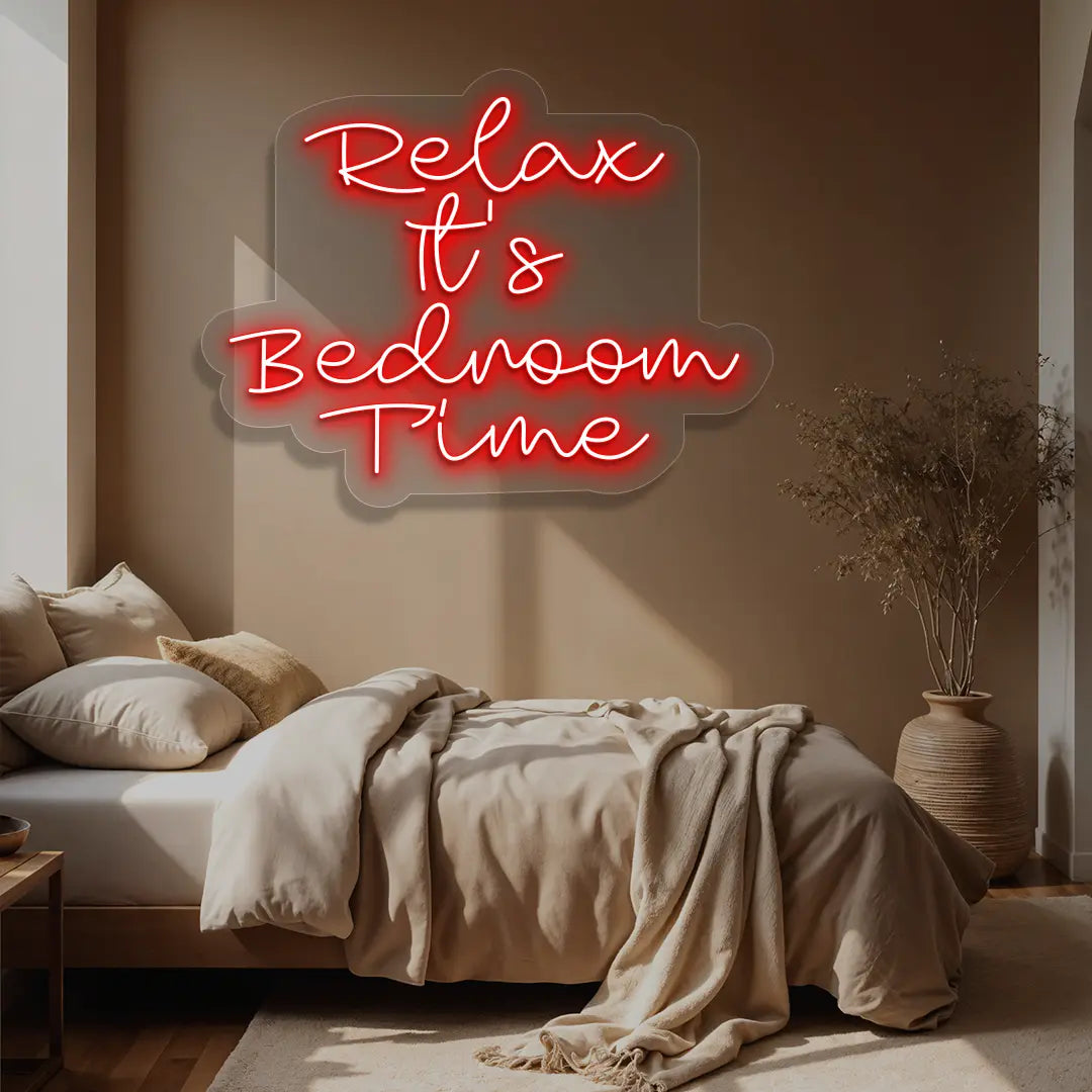 red relax its bedroom time neon sign mounted on a wall