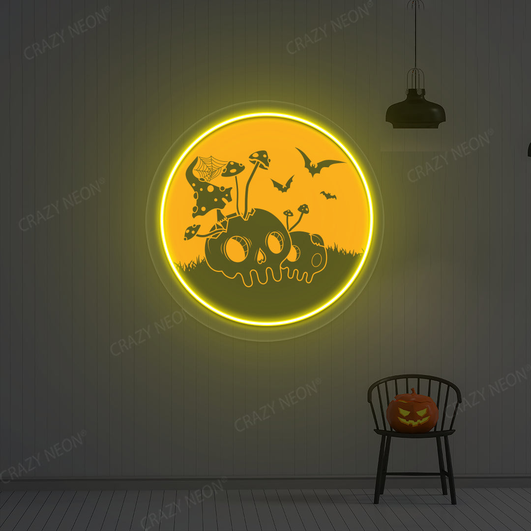 Haunted Mushroom Skulls Neon Artwork | Yellow