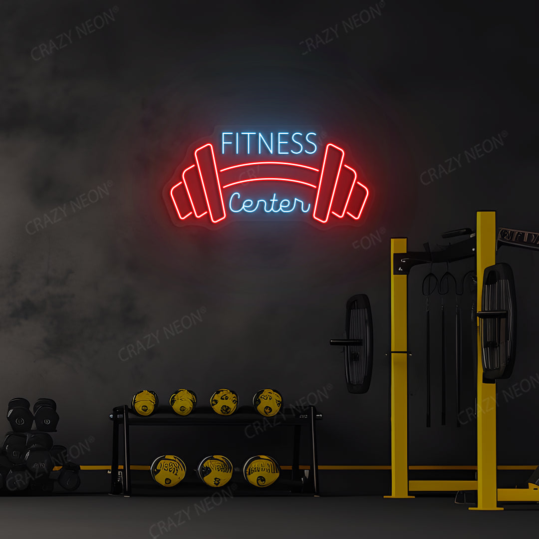 red and ice blue fitness center neon sign mounted on a wall