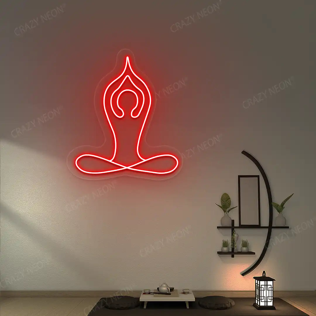 Padmasana With Raised Arms Yoga Neon Sign lighting up in red color in a yoga room