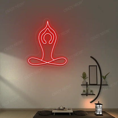 Padmasana With Raised Arms Yoga Neon Sign lighting up in red color in a yoga room