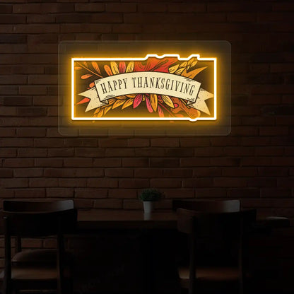 Autumn leaves happy thanksgiving neon sign in orange