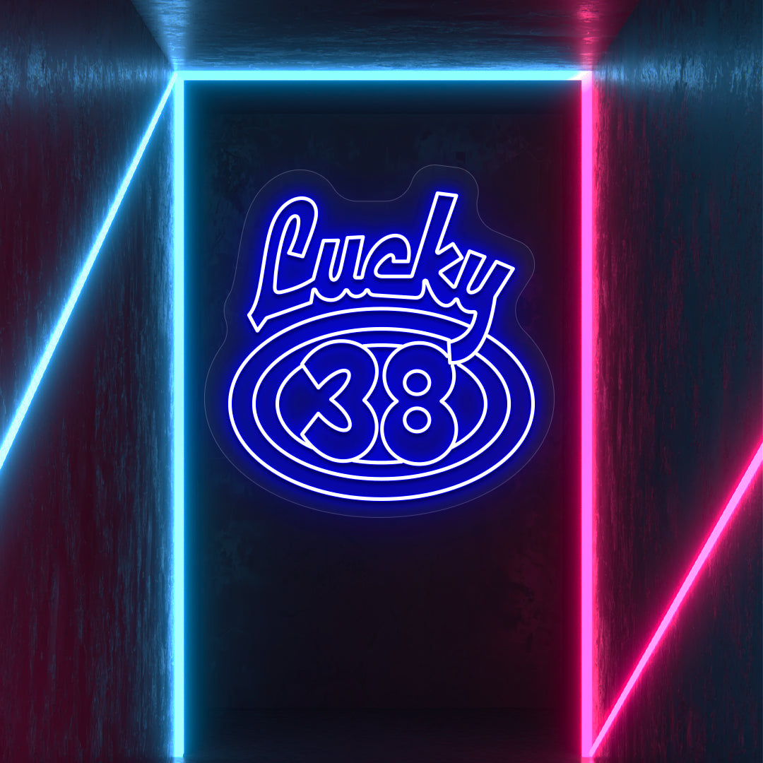 blue the lucky 38 vintage neon sign mounted on a wall