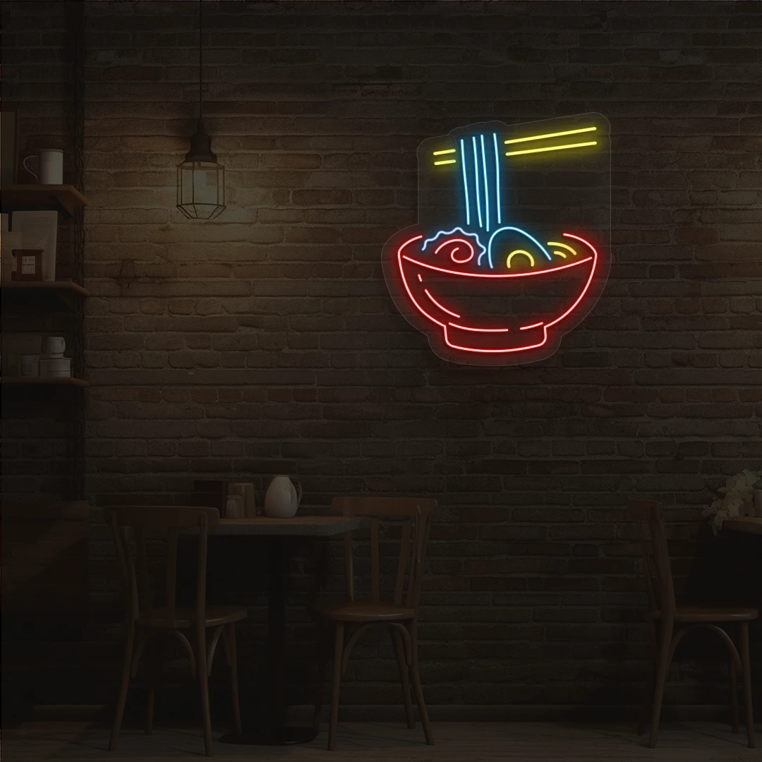 ice blue yellow and red ramen vibes neon sign mounted on a wall