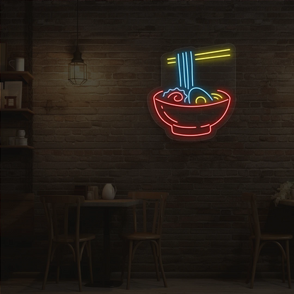 ice blue yellow and red ramen vibes neon sign mounted on a wall