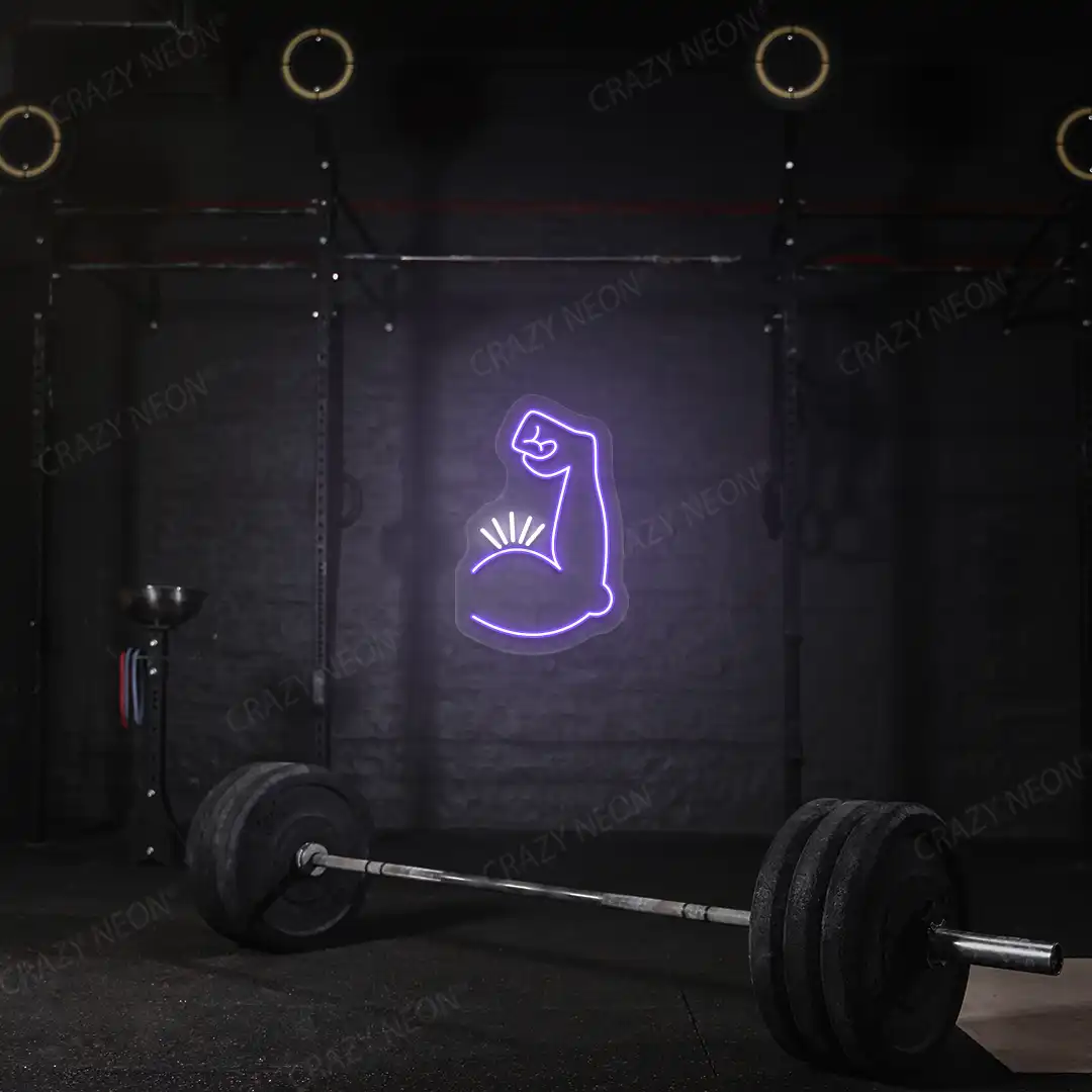 purple and white bicep pump neon sign mounted on a wall