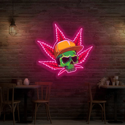 Skull Cap Weed Leaf Neon Artwork in Pink Color