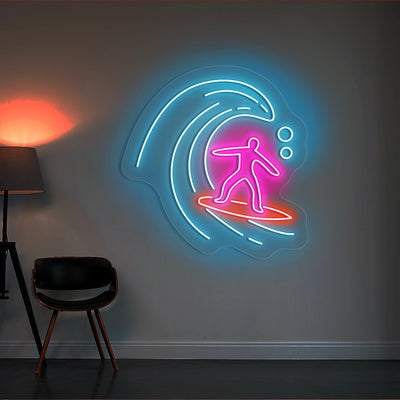 ice blue pink and red minimalist surfer neon sign mounted on a wall