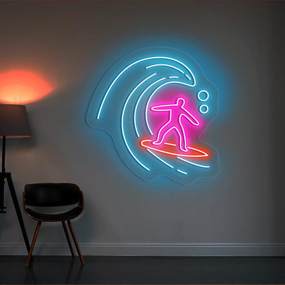 ice blue pink and red minimalist surfer neon sign mounted on a wall