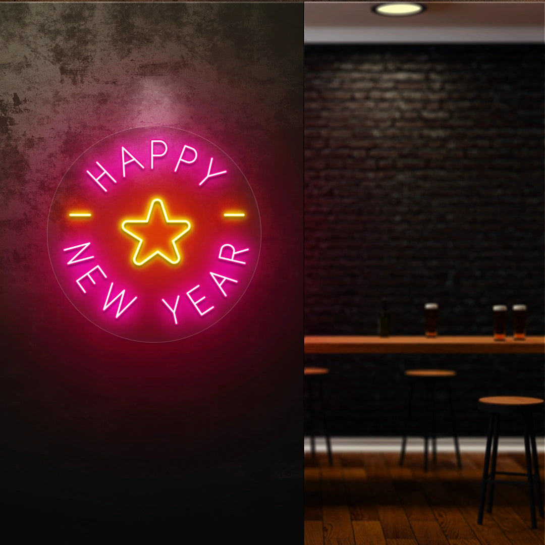 Round Happy New Year neon sign with pink and yellow star design glowing on a dark wall