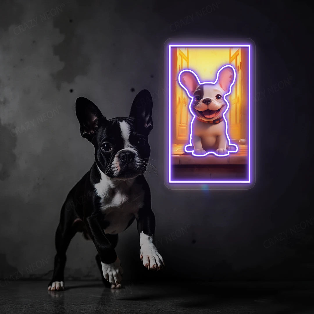 Happy French Bulldog Neon Artwork in Purple Color