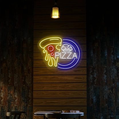 blue white yellow and red pizza slice neon sign mounted on a wall