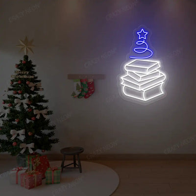 Stacked Books Christmas Tree Neon Sign | Blue