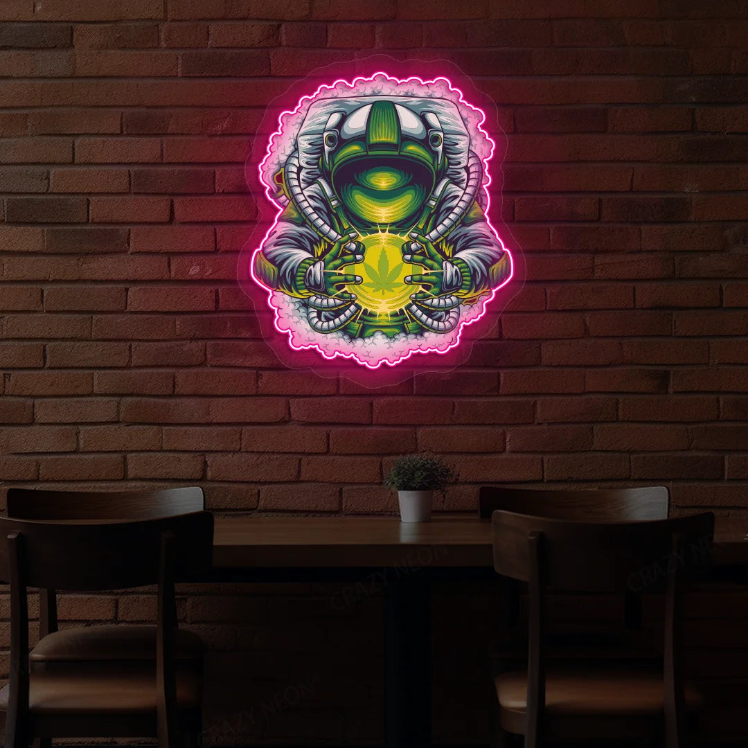 Cosmic Weed Astronaut Neon Artwork in Pink color