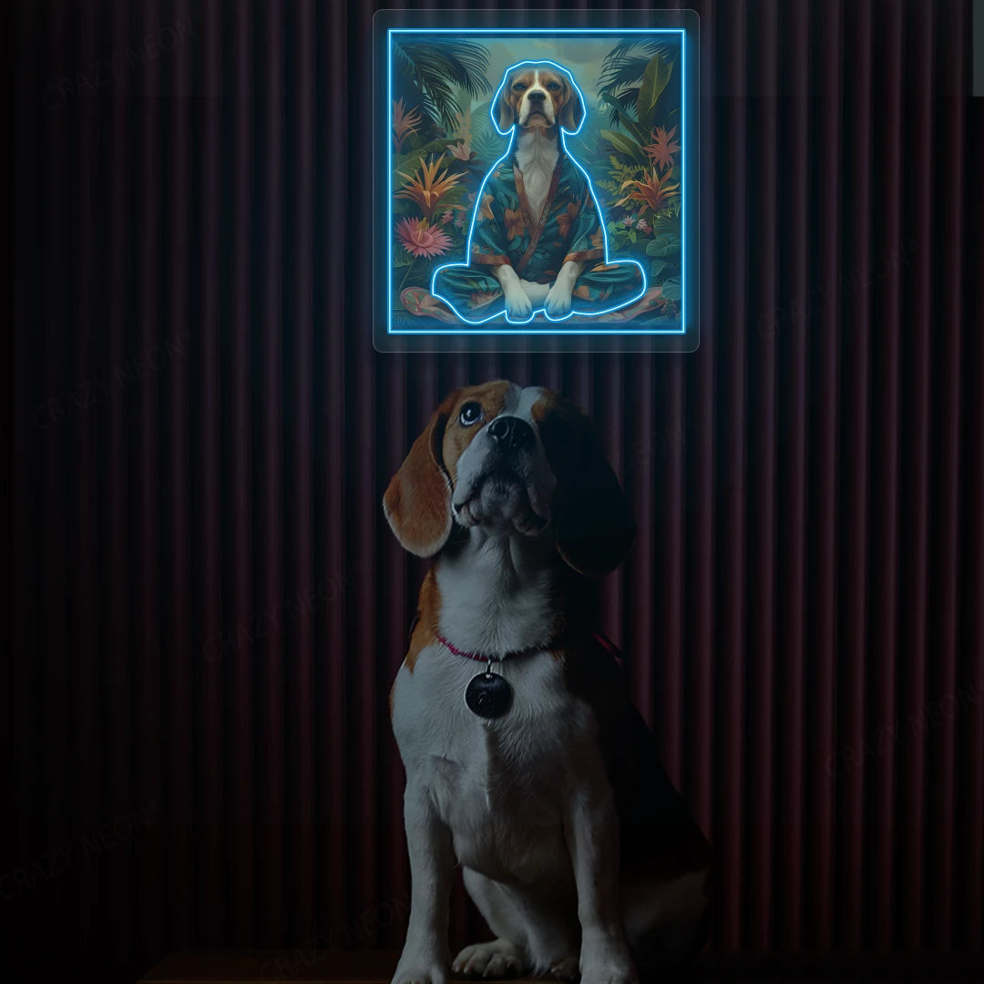Tropical Zen Beagle Meditation Neon Artwork in Iceblue Color