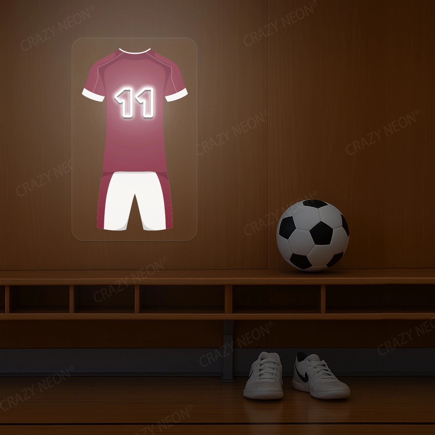 Claret football jersey neon artwork with number 11 glowing on a wooden wall